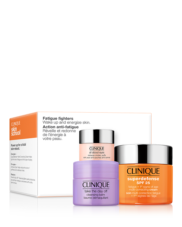 Fatigue Fighters Skincare Gift Set, 3 powerful favourites to energise and recharge skin in one skincare gift set, includes a full-size Superdefense SPF 25 Fatigue + 1st Signs of Age Multi-Correcting Cream moisturiser in 50ml. Set worth over £61!